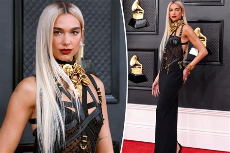 Dua Lipa Wears Versace Bondage Dress On Grammys Red Carpet