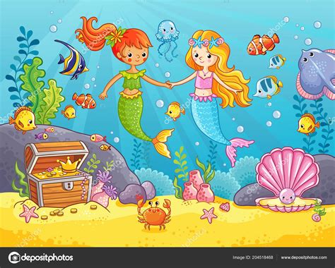 Mermaids Fishes Hold Hands Mermaid Girlfriends Vector Illustration Sea