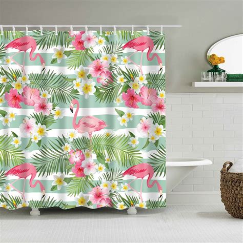 Flamingo Shower Curtain Set With Hooks Pink Tropical Birds Green Stripe