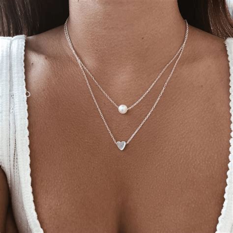 Sleek Minimalist Alloy Heart Shaped Pearl Necklace Tlip Silver
