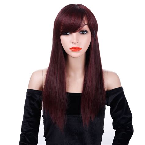 aosiwig long red straight wigs with bangs synthetic hair wig for women high temperature black