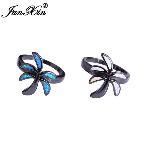 Junxin Female White And Blue Fire Opal Tree Ring Fashion Black Gold
