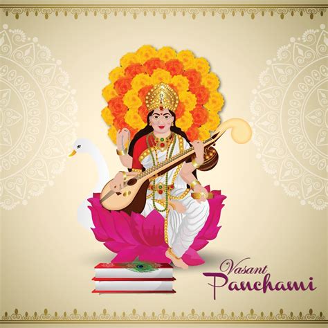 Happy Vasant Panchami Greeting Card Design With Creative Illustration Of Goddess Saraswati