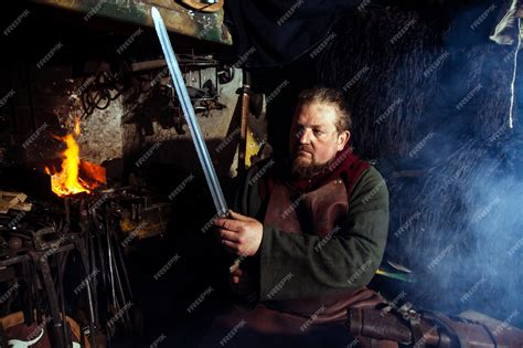 Premium Photo Viking Blacksmith Forges Weapons In The Old Vintage Forge