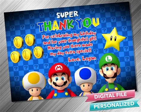 Super Mario Birthday Thank You Card Super Mario Birthday Party Mario Birthday Party Birthday