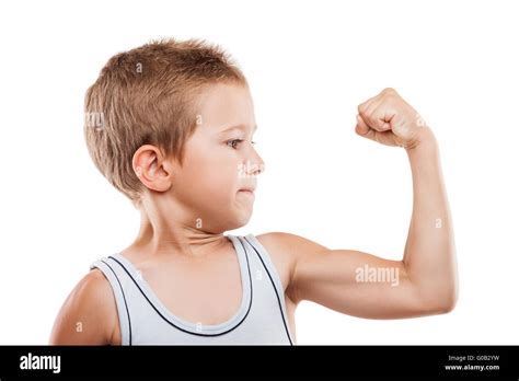 Smiling Sport Child Boy Showing Hand Biceps Muscle Stock Photo Alamy