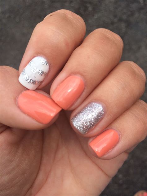Summer Gel Polish Nails 2014 Coral White And Silver Glitter One Of My Favorites This Summer