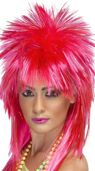 Neon Pink Heavy Metal Rock Diva Wig Wigs For Women 80s Wigs