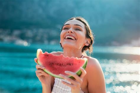 Young Woman On The Beach Eating Watermelon Stock Image Image Of