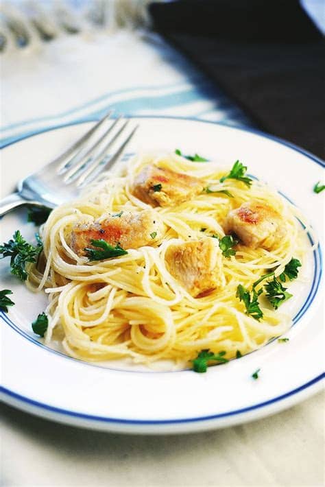 Chopped fresh basil or basil sprigs (optional). Angel Hair Pasta with Chicken, Lemon and Fresh Herbs ...