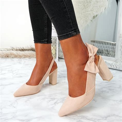 womens ladies sling back bow pumps high block heels pointed toe shoes ebay