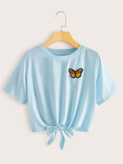 Butterfly Embroidery Knot Blue Crop Tee Romwe Blue Crop Tops Tops