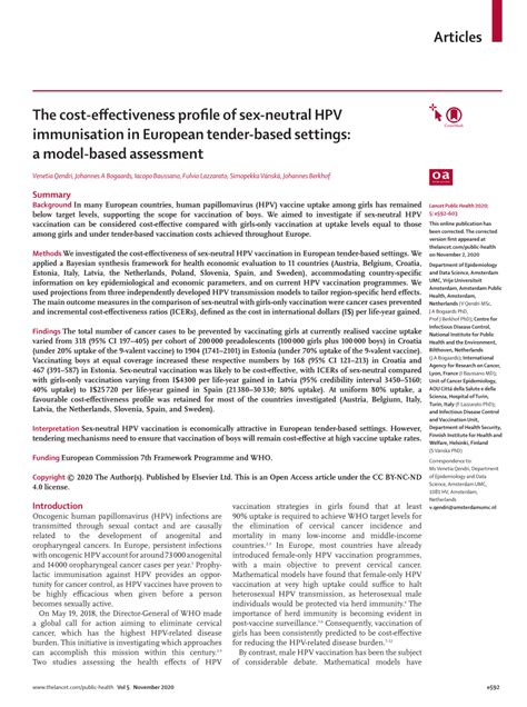 Pdf The Cost Effectiveness Profile Of Sex Neutral Hpv Immunisation In European Tender Based