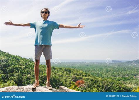 Man Is Standing On The Top Of Mountain Stock Image Image Of Person