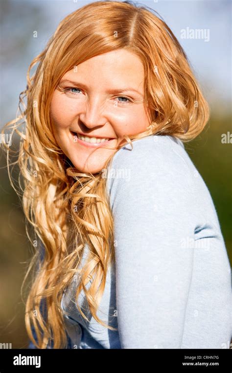 Young Cute Blonde Longhaired Woman Smiling Stock Photo Alamy
