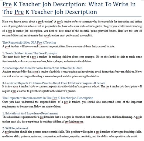 Pre K Teacher Job Description What To Write In The Pre K Teacher Job