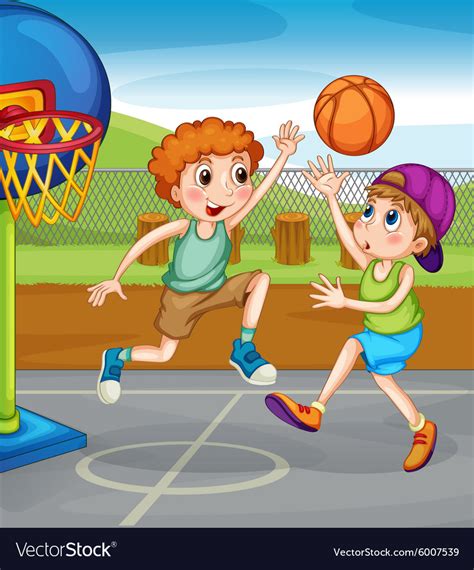 Two Boys Playing Basketball Outside Royalty Free Vector