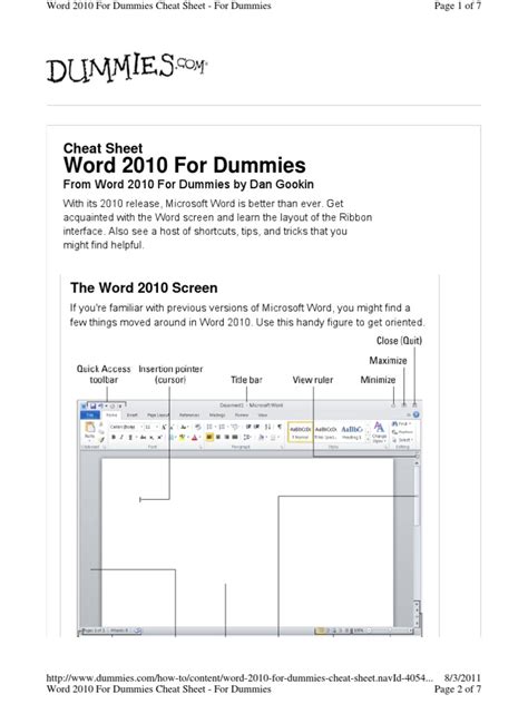 Dummies Guide Word 2010 Cheat Sheet Pdf Microsoft Word Typefaces