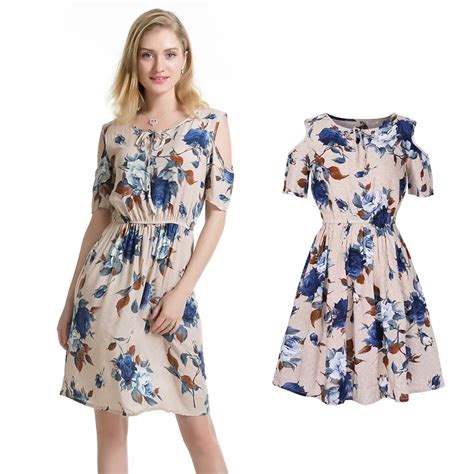 Cotton Loose Women Vintage Summer Dress Top Cold Shoulder Short Sleeve Blue Floral Print Casual