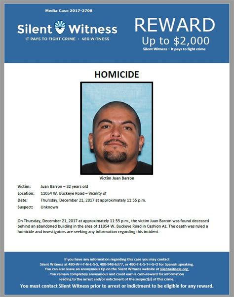Homicide Juan Barron 11054 West Buckeye Road Cashion Az Mcso Jurisdiction Silent Witness