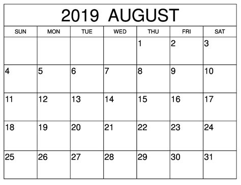 20 August 2019 Printable Calendar Free Download Printable Calendar