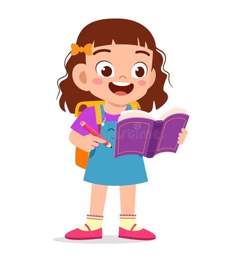 Happy Cute Little Kid Girl Read Book Stock Vector Illustration Of