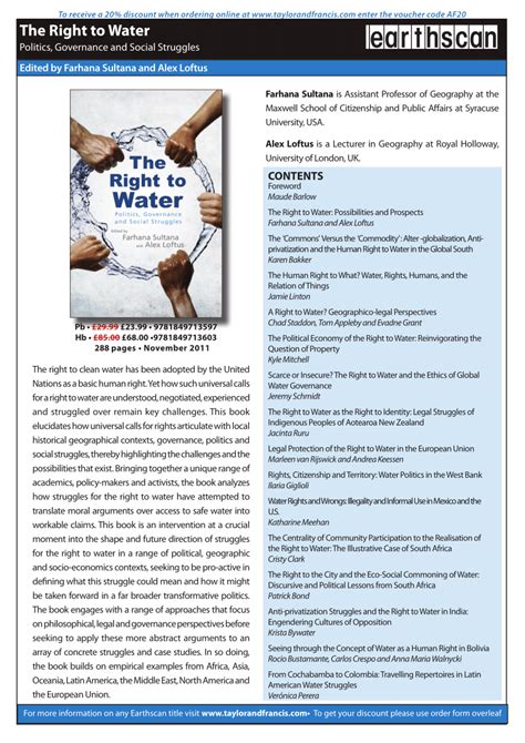 Pdf The Right To Water Politics Governance And Social Struggles