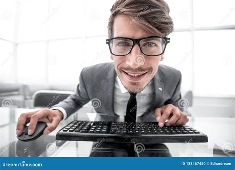 Crazy Looking Man Typing On The Keyboard Stock Photo Image Of