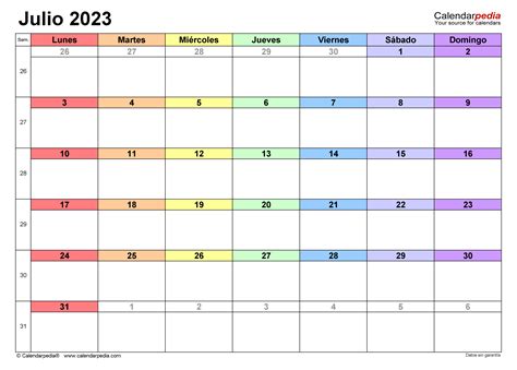 Calendario Julio 2023 En Word Excel Y Pdf Calendarpedia Imagesee