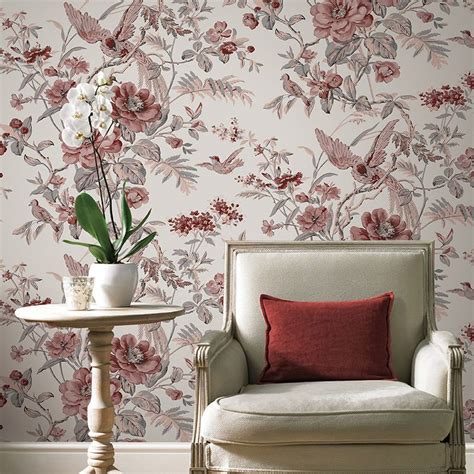 Red Vintage Birds And Flowers Wallpaper Chinese Floral Wallpaper For