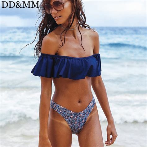Ddandmm Solid Bikinis Women Swimsuit 2018 Off Shoulder Bandeau Swimwear