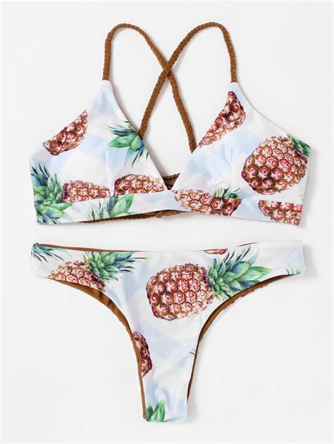pineapple print cross back bikini set shein sheinside