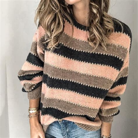 Womens Autumn Striped Pullover Sweaters Pink M In 2020 Women