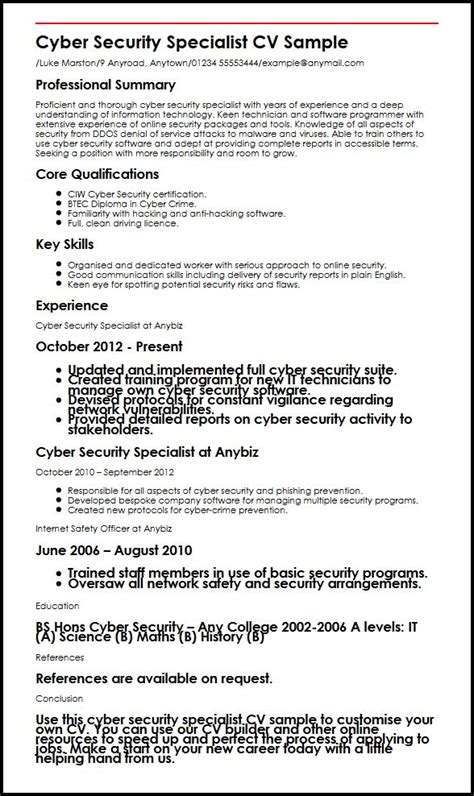 I include examples of top employers and what they call. Cyber Security Specialist CV Sample - MyPerfectCV
