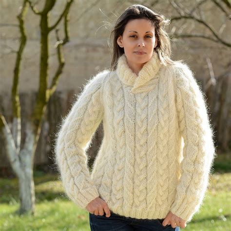 Hand Knitted Mohair Sweater White Shawl Collar Pullover Extravagantza S