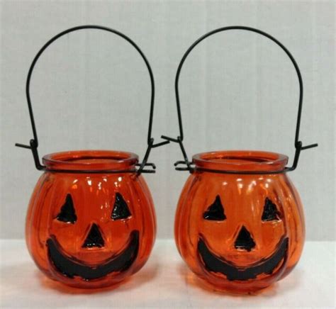 2 Glass Halloween Orange Pumpkin Tea Votive Light Candle Holder