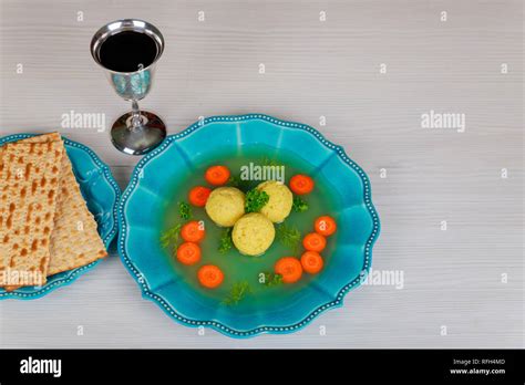 Jewish Symbols For The Passover Pesach Holiday Traditional Dish Matzah Ball Soup Served With