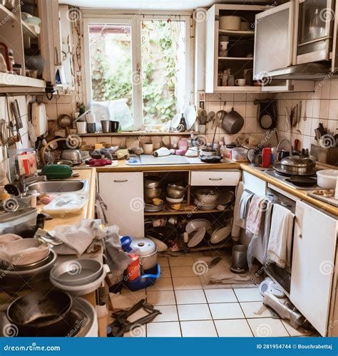 The Unorganized Kitchen Depicts A Chaotic And Cluttered Room The