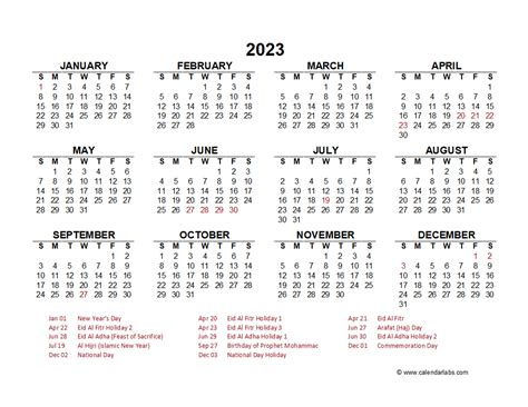 2023 Year At A Glance Calendar With Uae Holidays Free Printable Templates