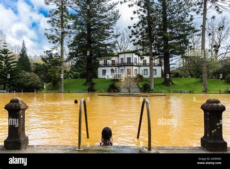 furnas azores february 2020 natural hot spring at terra nostra garden where people swim in