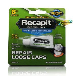 Dentemp is clinically proven to temporarily repair loose caps and crowns and replace lost fillings, while providing instant pain relief. Dentemp Recapit Eugenol Free Repair Loose Caps & Crowns No ...