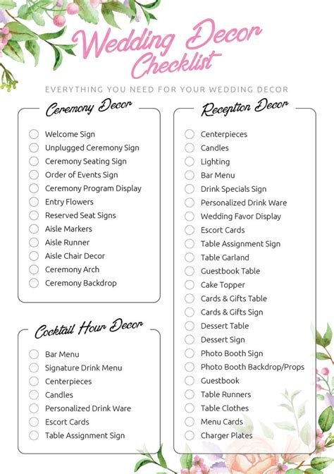 Printable Wedding Decor Checklist Pdf Download Wedding Planner