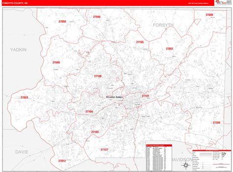 Forsyth County Nc Zip Code Wall Map Red Line Style By Marketmaps
