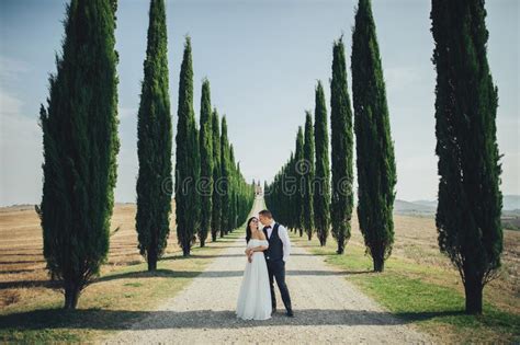 happy stylish smiling couple walking and kissing in tuscany ita stock