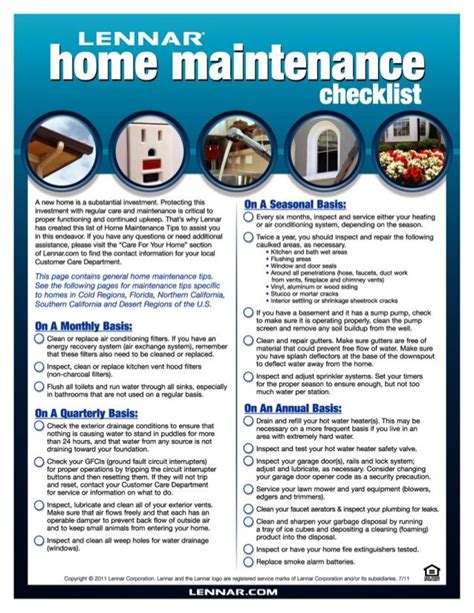 New Home Maintenance Checklist By Lennar Home Maintenance Checklist