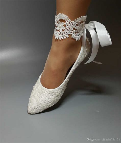 Handmade Women White Wedding Shoes Flat Ballet Lace Flower Bridal Shoes