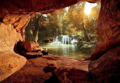 Lake Forest Waterfall Cave Wall Paper Mural Exotic Waterfall And Lake
