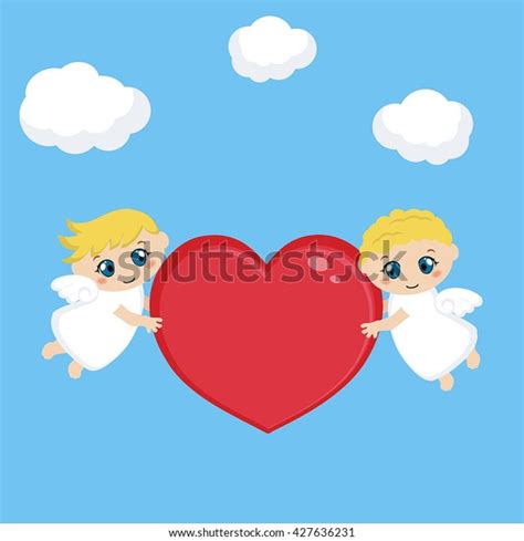 Illustration Little Angels Heart Background Clouds Stock Vector