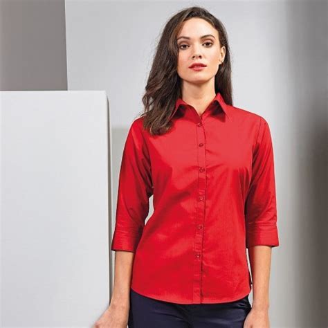 womens ladies premier 3 4 sleeve poplin blouse plain work office uniform shirt