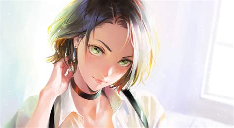 Download 1280x1024 Attractive Anime Girl Short Hair Green Eyes Semi